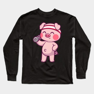 Cute Pig Lifting Dumbbell Cartoon Long Sleeve T-Shirt